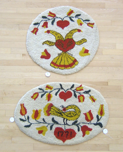 Appraisal: Two hooked rugs with birds and tulips x and dia