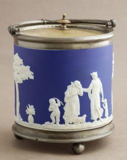 Appraisal: Wedgwood Blue Jasperware Biscuit Barrel c with a silverplated top