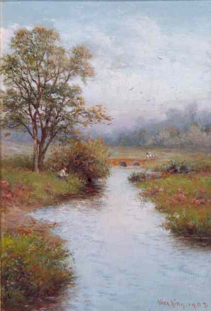 Appraisal: ALICE KING c - Tranquil river and footbridge in summer