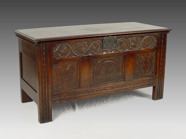 Appraisal: LATE VICTORIAN FLINT'S FINE FURNITURE CARVED OAK COFFER Scottish thistle