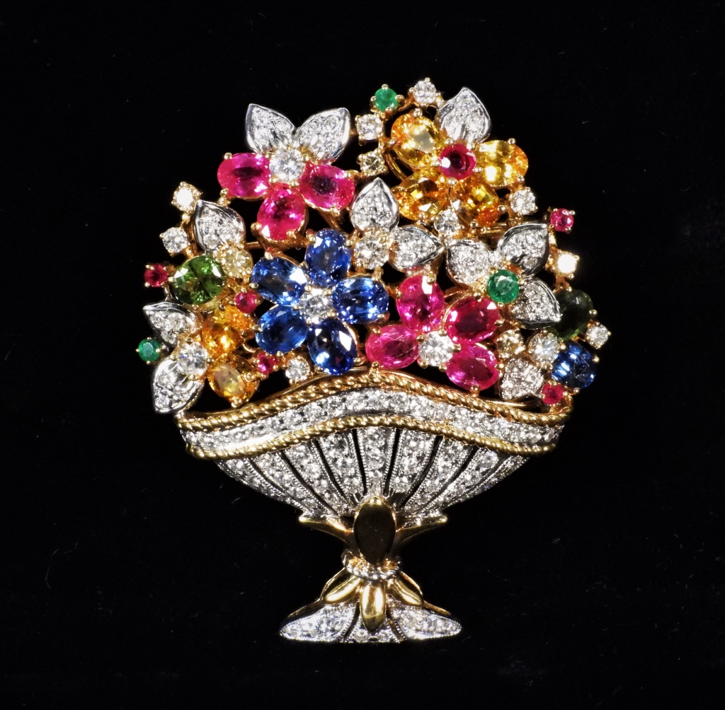 Appraisal: K GOLD MULTI STONE FLOWER BOUQUET BROOCH K tone pin