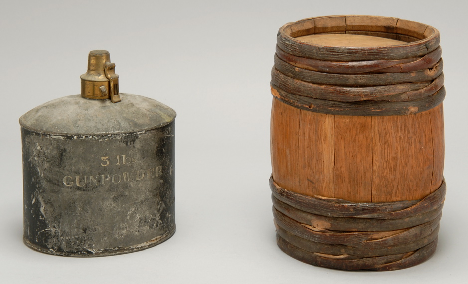 Appraisal: TWO POWDER CONTAINERS Banded wooden powder keg height and a