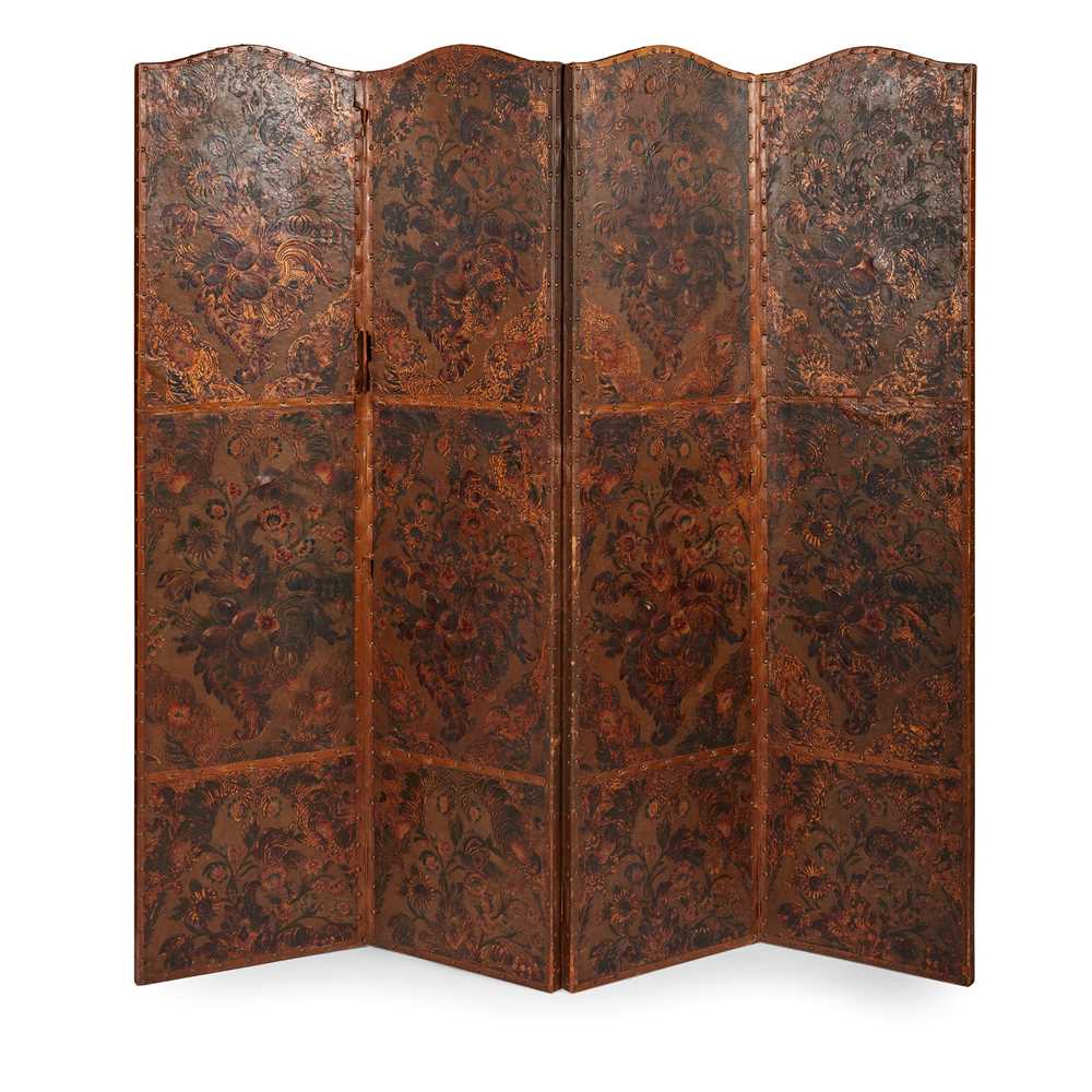 Appraisal: CONTINENTAL EMBOSSED AND POLYCHROMED LEATHER FOUR-FOLD SCREEN TH CENTURY each