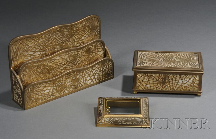 Appraisal: Three Tiffany Studios Pine Needle Desk Articles Etched bronze and