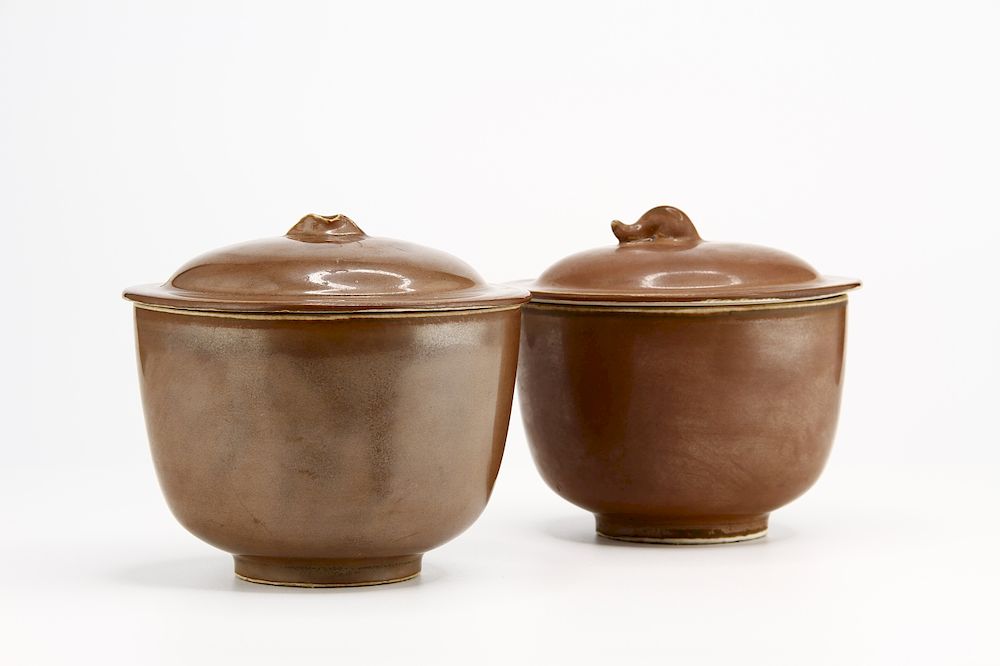 Appraisal: Pair Persimmon Glazed Ting Bowls Covers Each finely potted with