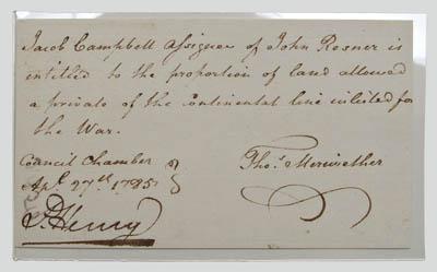 Appraisal: Patrick Henry signed note granting land to Jacob Campbell assignee