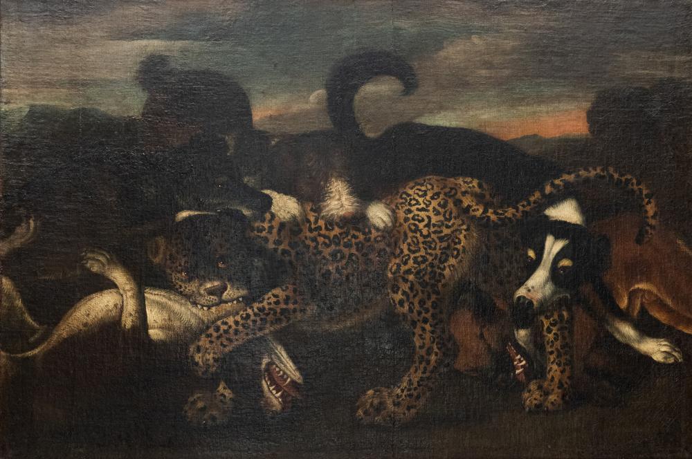 Appraisal: ITALIAN SCHOOLdogs fighting a leopard oil on canvas relined no