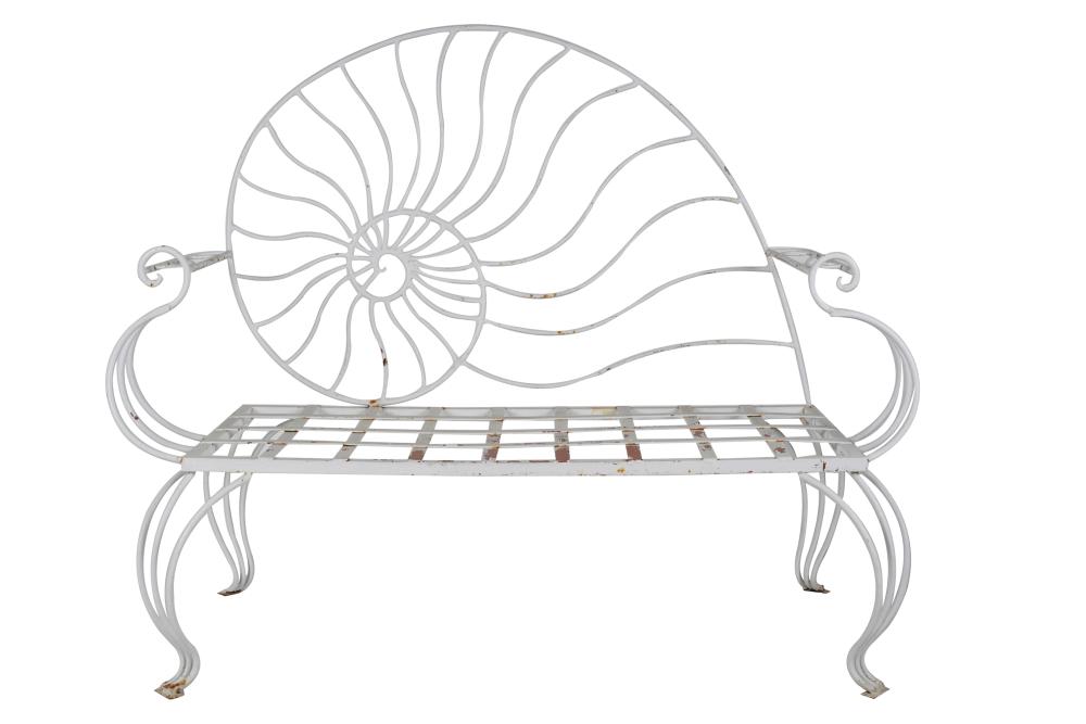 Appraisal: WHITE-PAINTED IRON BENCHwith mollusk-motif back Condition no cushion paint loss