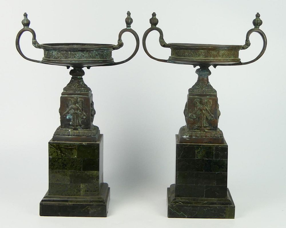 Appraisal: Pr ANTIQUE BRONZE MARBLE VENEER TAZZA COMPOTES A pair of