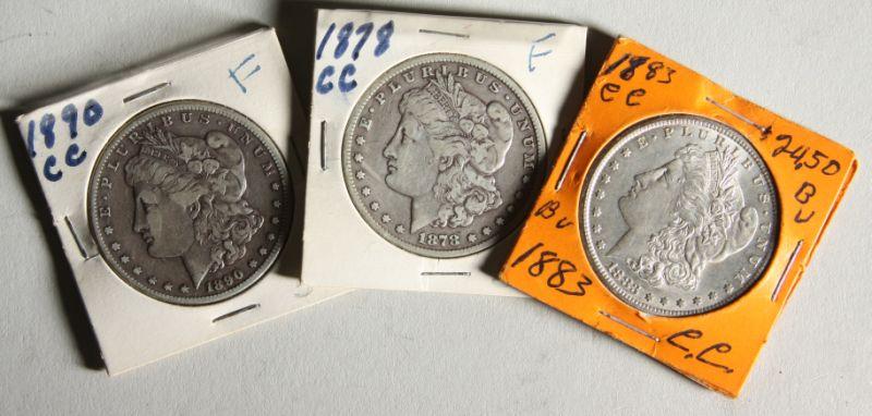 Appraisal: Three Circulated CC Morgan Silver Dollars -CC toned fine -CC