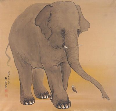 Appraisal: A large Japanese painting on paper of an elephant walking