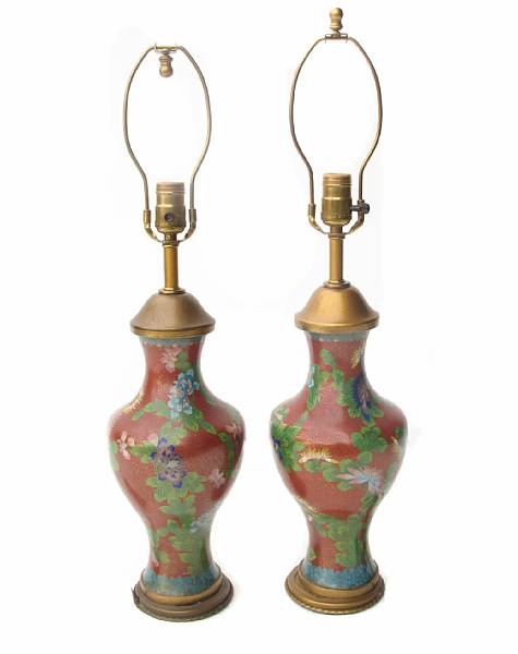 Appraisal: A pair of cloissone vases now mounted as lamps height