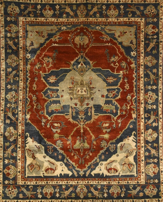 Appraisal: Serapi Rug Post Red ground with herati field centering a