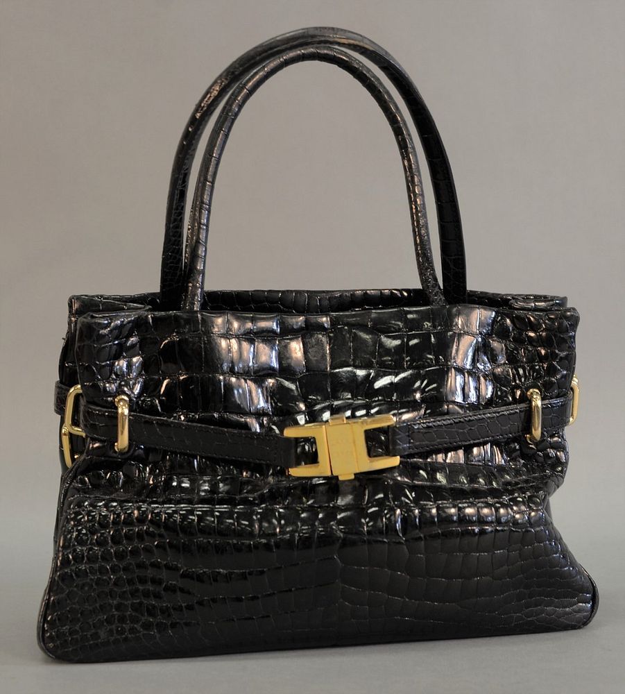 Appraisal: lana Marks shiny black crocodile alligator handbag with gold tone