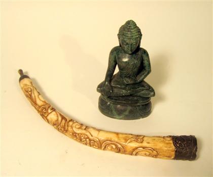 Appraisal: Thai green stone Buddha toge The r with bone pipePipe