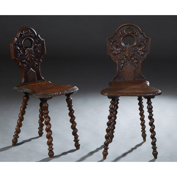 Appraisal: Pair of French Renaissance Style Carved Oak Hall Chairs th