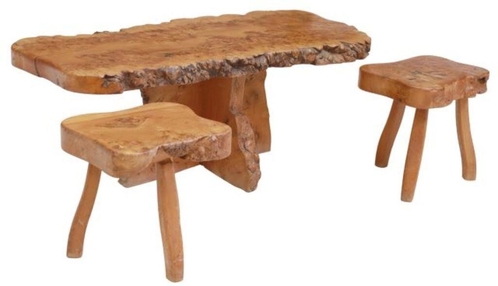 Appraisal: lot of Rustic burlwood live edge coffee table and stools