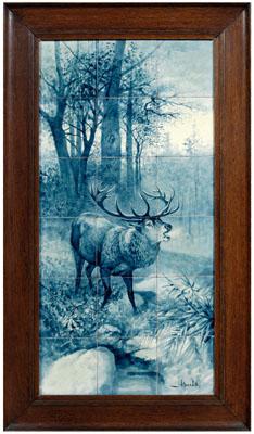 Appraisal: Framed hand painted tile picture calling elk in woodland landscape