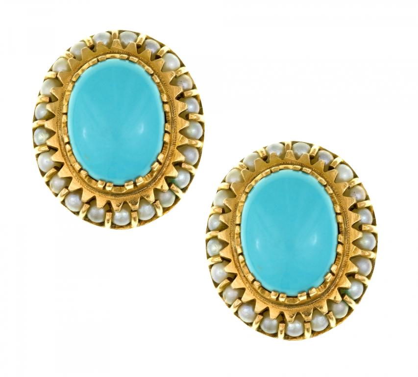 Appraisal: A PAIR OF TURQUOISE AND SEED PEARL OVAL CLUSTER EARRINGS