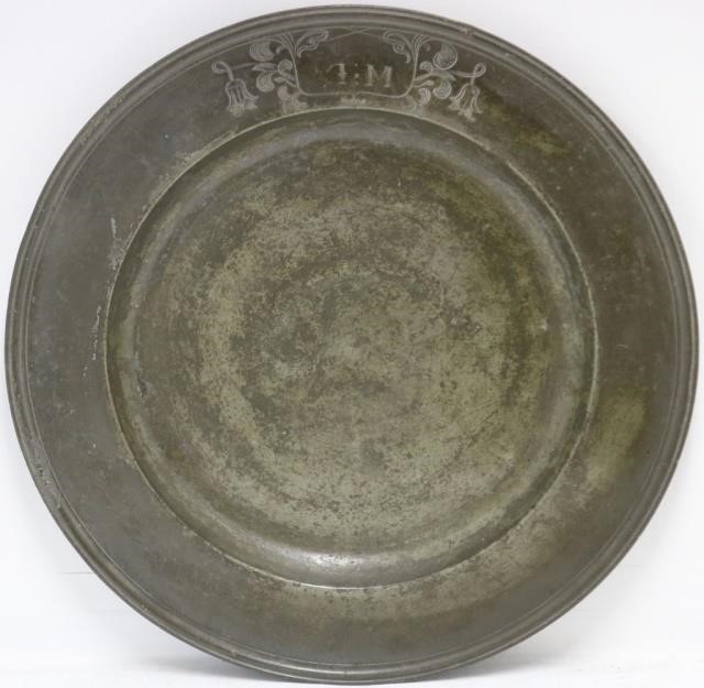 Appraisal: LARGE LATE TH C PEWTER CHARGER WITH ENGRAVEDDECORATION BRITISH HALLMARK