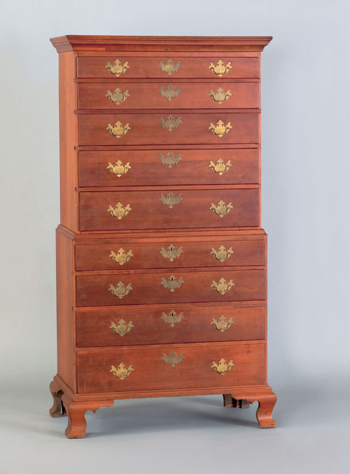 Appraisal: New England Chippendale cherry chest on chest ca with nine