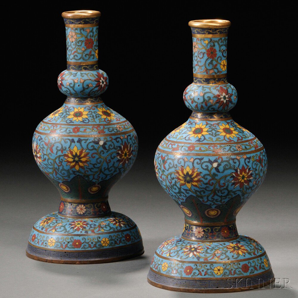 Appraisal: Pair of Cloisonne Candlesticks China th th century jar shape