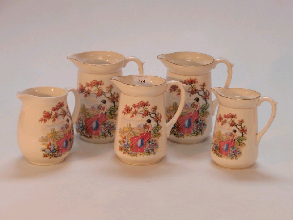 Appraisal: Various sized jugs in Falcon ware with lady in garden