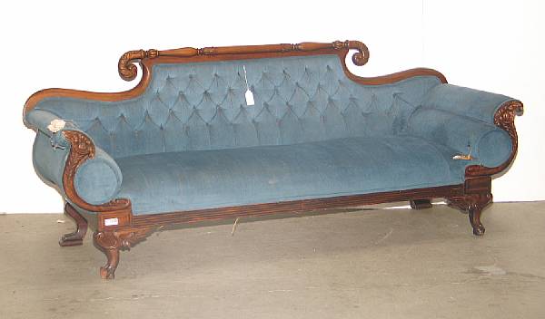 Appraisal: A Classical style mahogany sofa th century upholstery distressed height