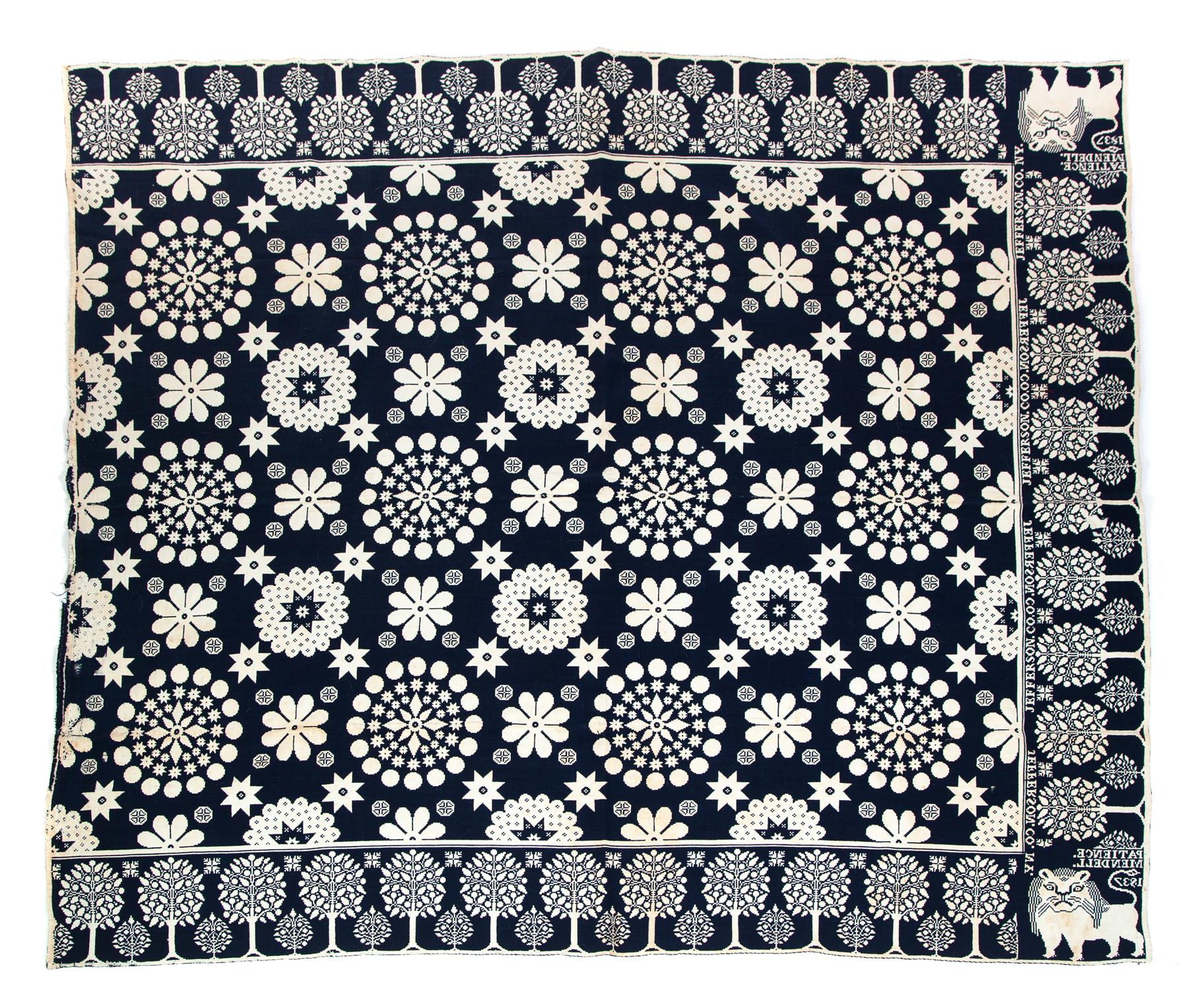 Appraisal: NEW YORK JACQUARD COVERLET Jefferson County wool and cotton blue