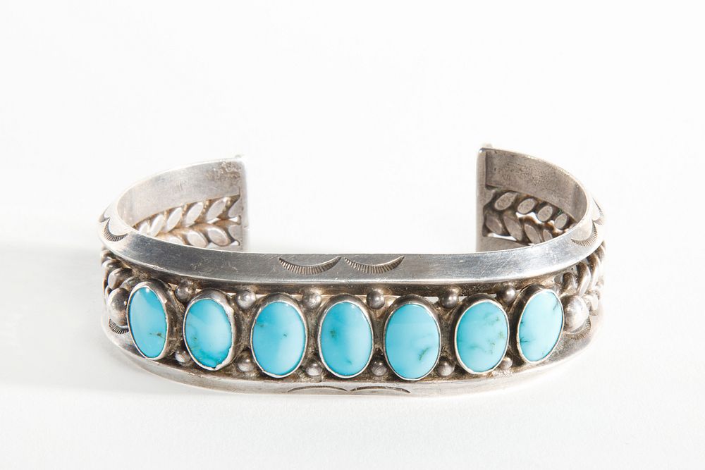 Appraisal: A Navajo Seven Stone Turquoise and Silver Bracelet ca Navajo