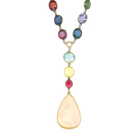 Appraisal: Gold and Multicolored Stone Chain Necklace with Opal Pendant Estimate