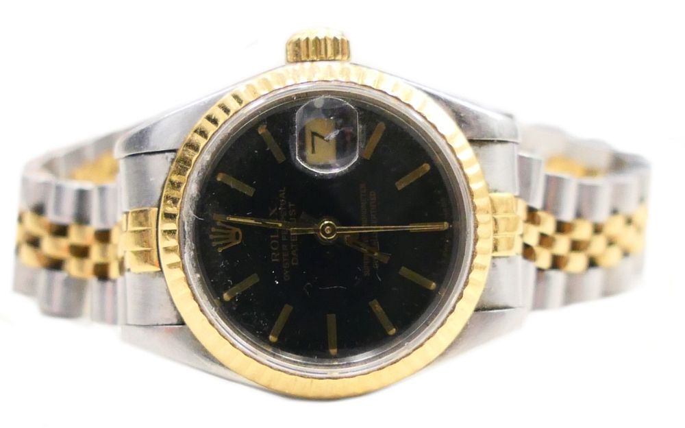 Appraisal: ROLEX LADIES TONE OYSTER PERPETUAL BLACK DIAL Genuine Rolex Ladies