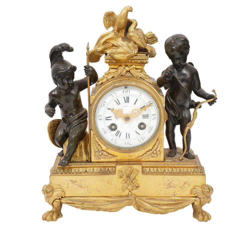 Appraisal: FRENCH TH C CAISSO BRONZE PUTTI MANTEL CLOCKFrench th C