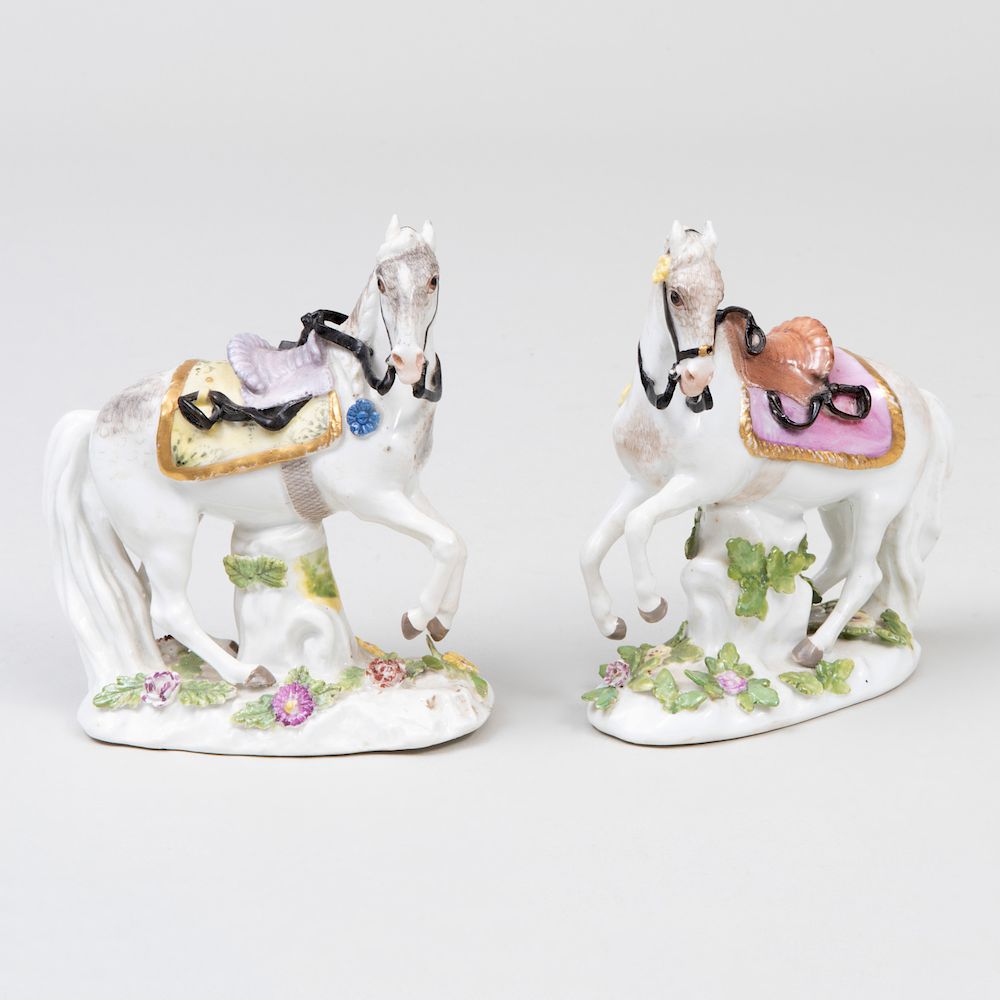 Appraisal: Pair of Meissen Porcelain Models of Saddled Prancing Horses Blue