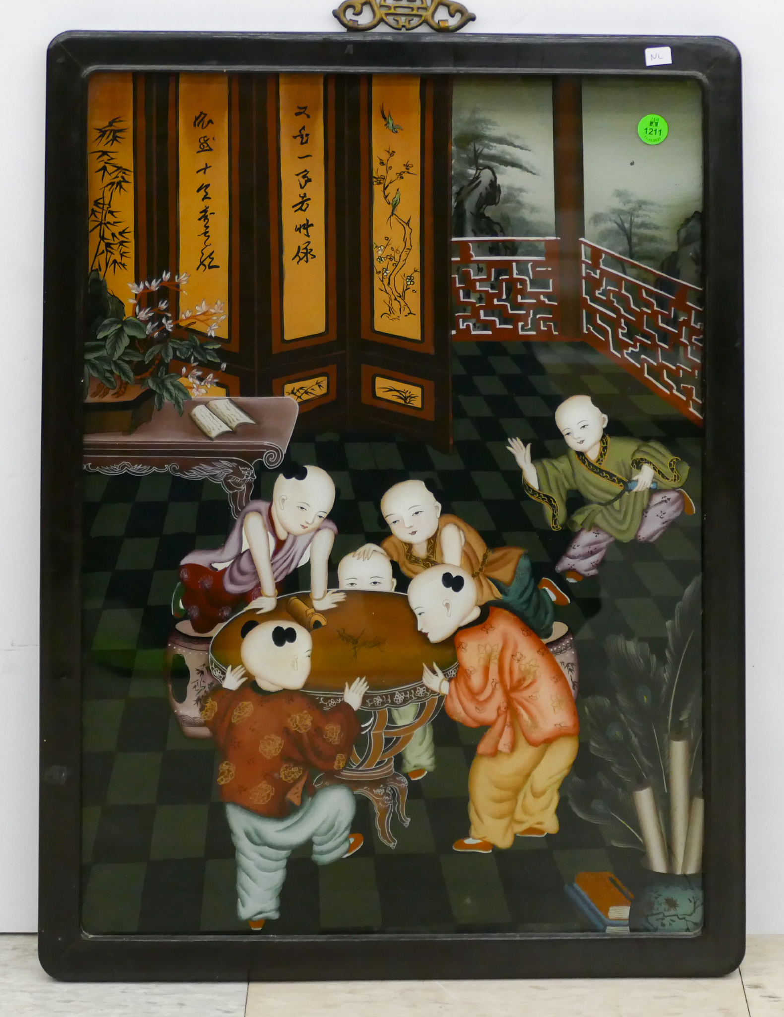 Appraisal: Chinese Reverse Painted Children with Crickets Plaque Framed ''x ''