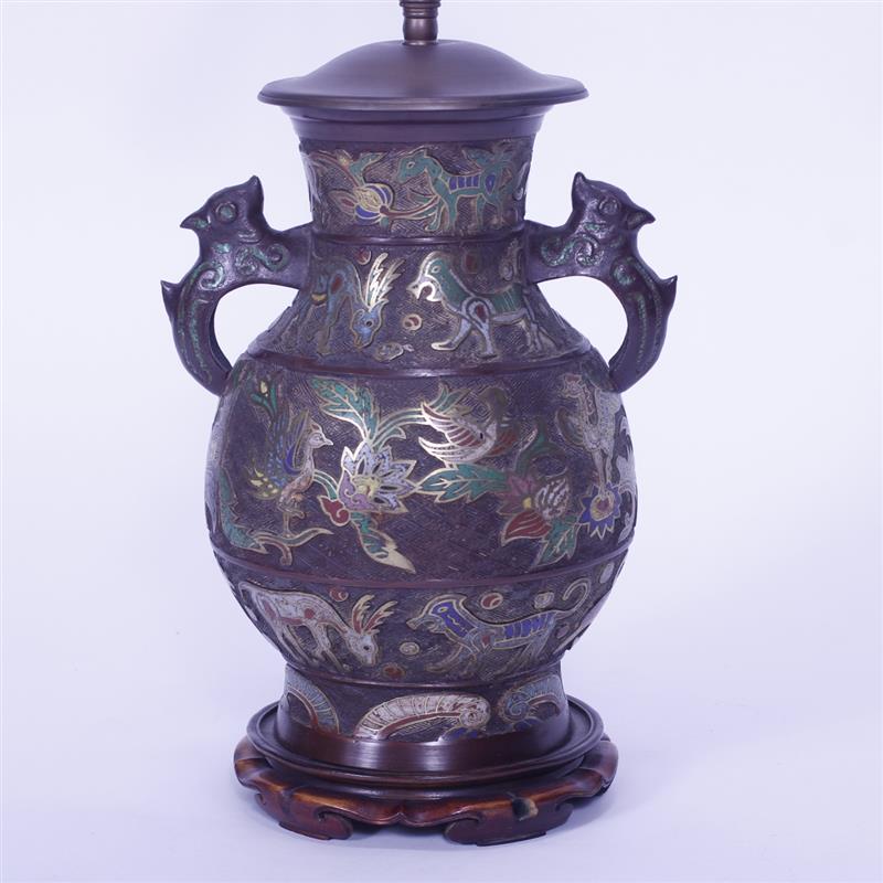 Appraisal: Chinese Polychrome Bronze Lamp with Champleve decoration Featuring Peacocks and