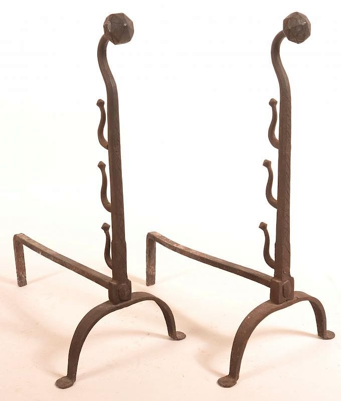 Appraisal: Pair of th Century Wrought Iron Andirons Pair of th