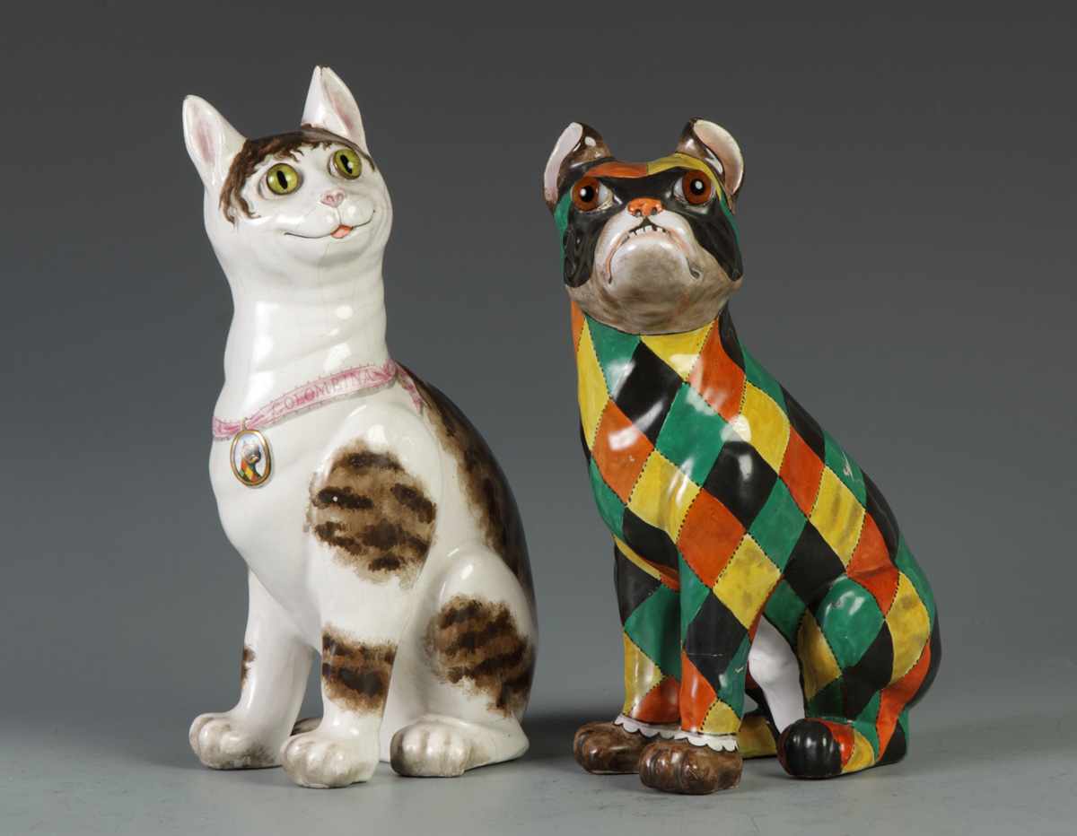 Appraisal: Sgn E Galle Nancy Faience Cat Dog ''Harlequin Columbine'' Blown