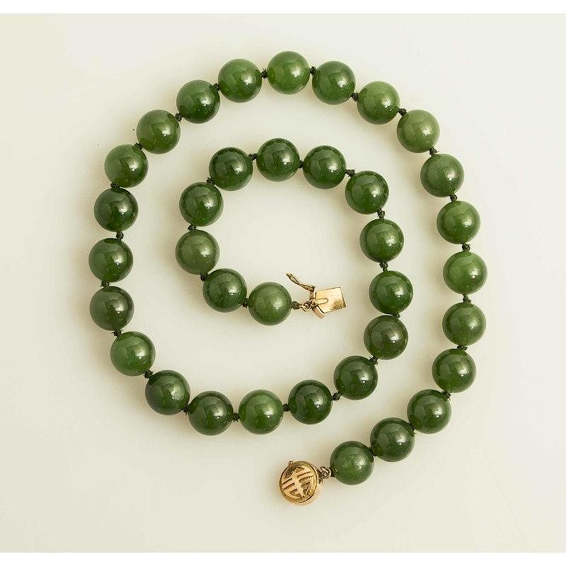 Appraisal: Gumps Nephrite Jade Necklace Nephrite jade beaded necklace mm beads