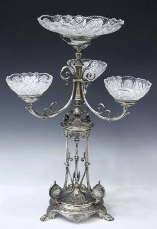 Appraisal: English Victorian silverplate epergne centerpiece Elkington Company c cut glass