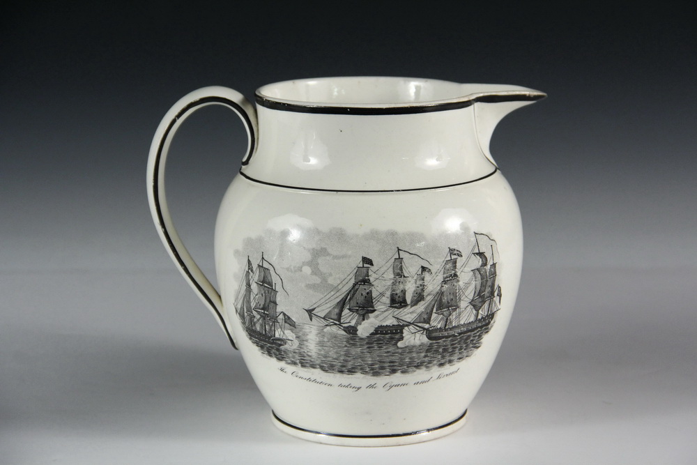 Appraisal: MEDIUM WAR OF TRANSFER PITCHER - Creamware and Black Pinstriped