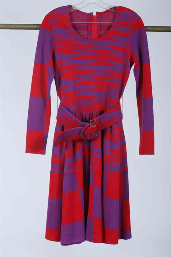 Appraisal: VINTAGE RUDI GERNREICH PURPLE AND RED WOOL BELTED DRESS s-