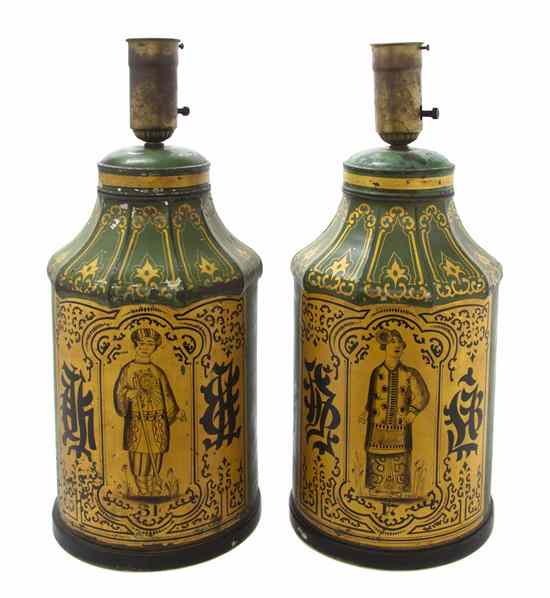 Appraisal: A Pair of Tole Tea Canisters each of cylindrical form