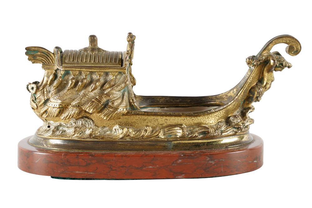 Appraisal: BRONZE SHIP FORM INKWELLon rouge marble base with mother of