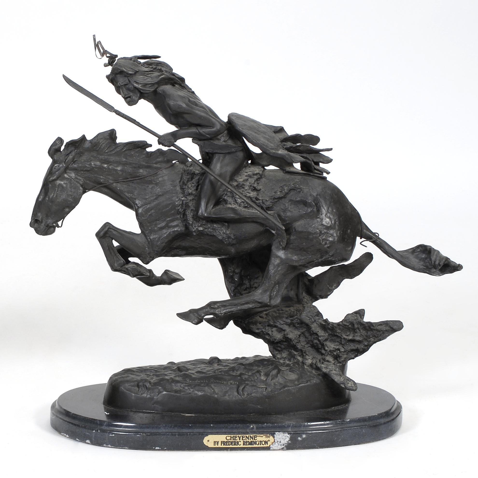 Appraisal: REPRODUCTION REMINGTON BRONZE Cheyenne Mounted on marble base Height ConditionIn