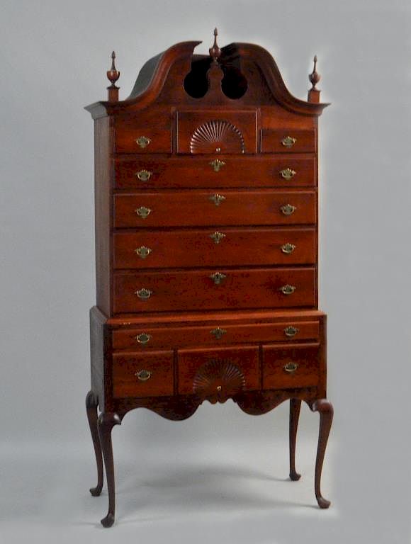 Appraisal: Connecticut QA Cherry Bonnet Top Highboy having a broken arch