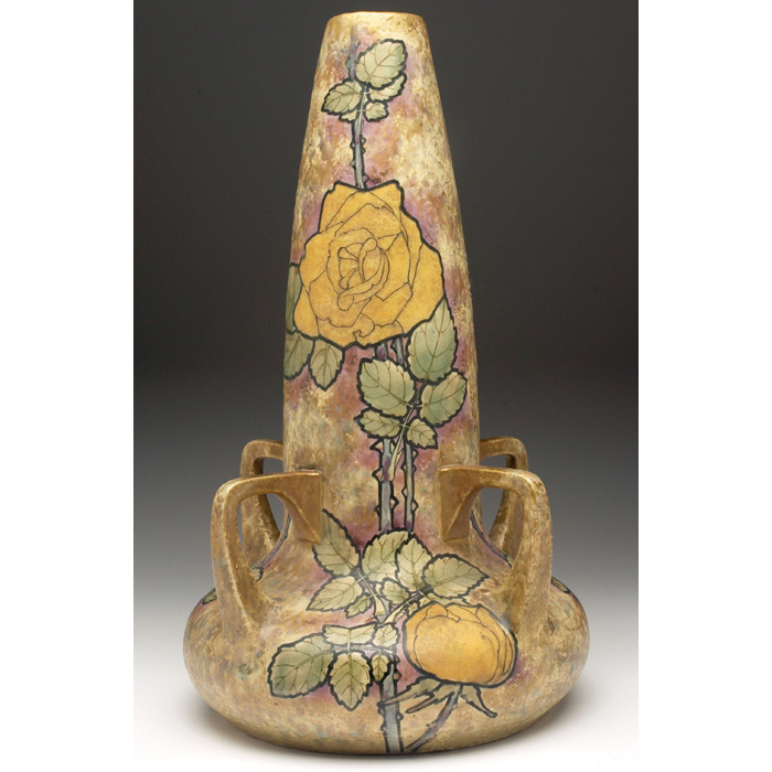 Appraisal: Amphora vase large four-handled shape with painted yellow roses against