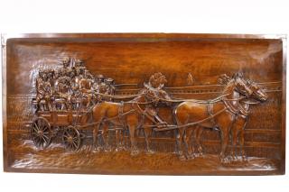 Appraisal: Large Carved Wood Plaque-Horse Drawn Carriage with patrons near a