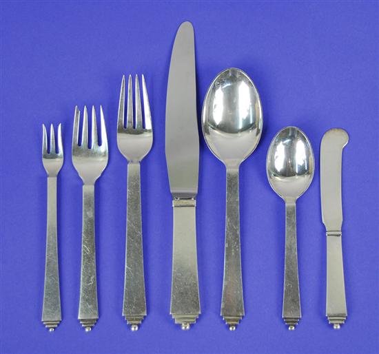 Appraisal: DANISH SILVER FLATWARE SERVICE FOR TWELVE Georg Jensen maker Pyramid