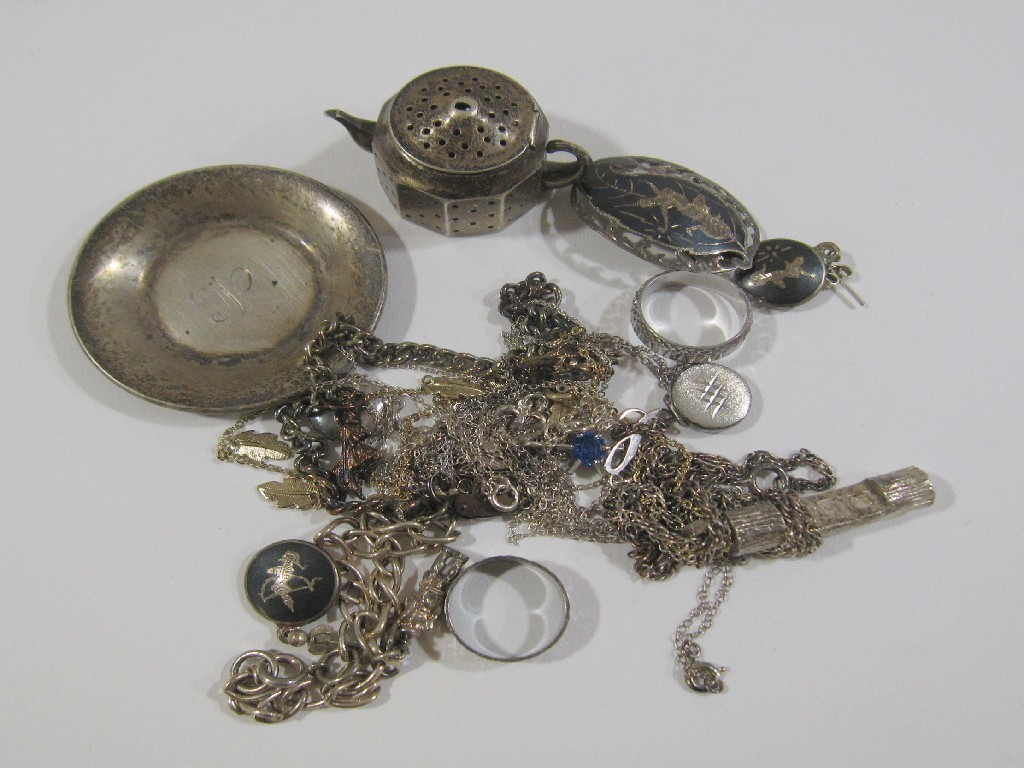 Appraisal: Lot comprising sterling silver infuser with dish silver pendants on